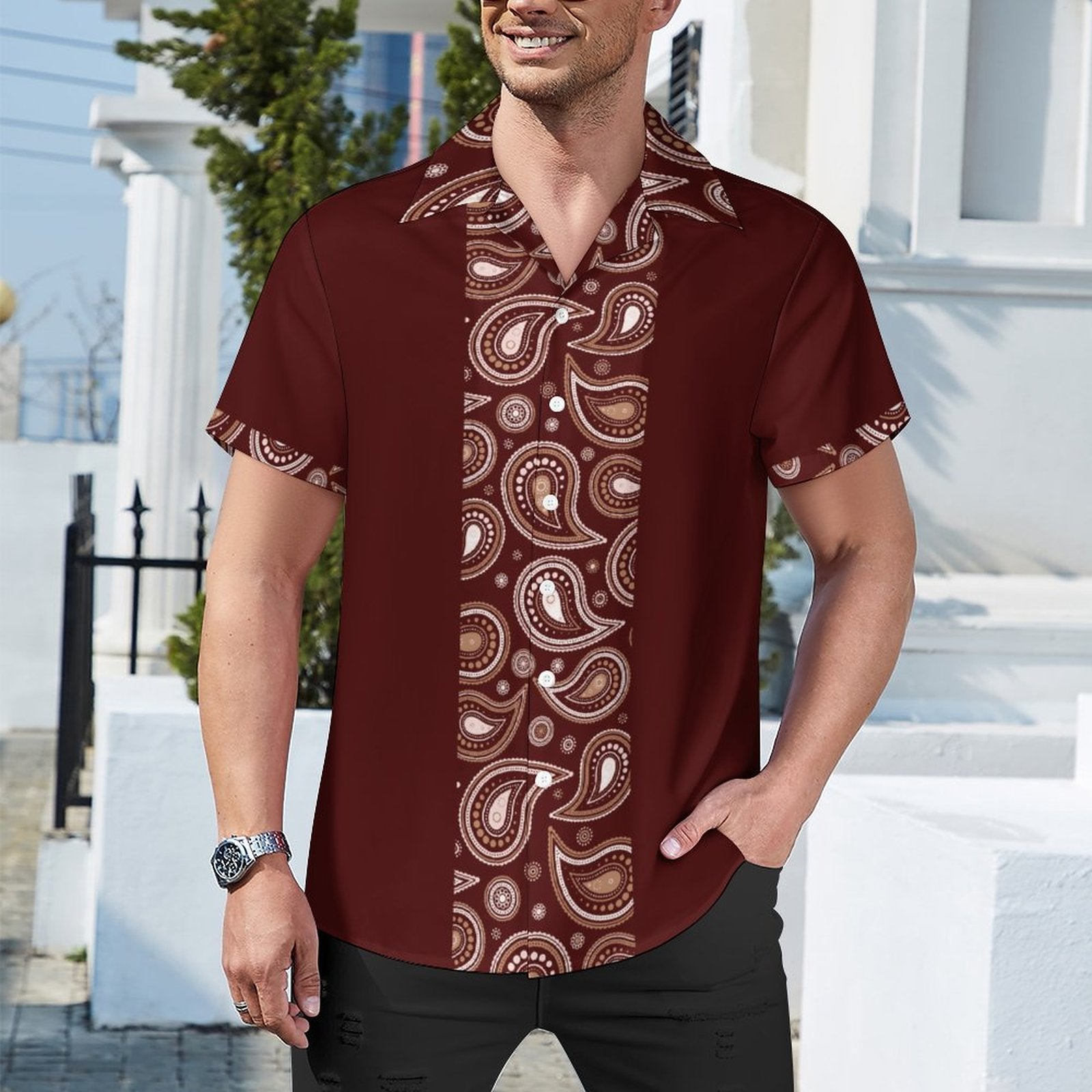 Short Sleeve Cuban Collar Shirt(All-Over Printing) brown paisley stripe