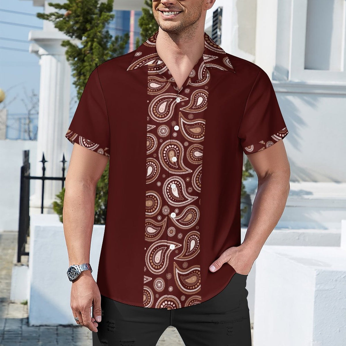 Short Sleeve Cuban Collar Shirt(All-Over Printing) brown paisley stripe