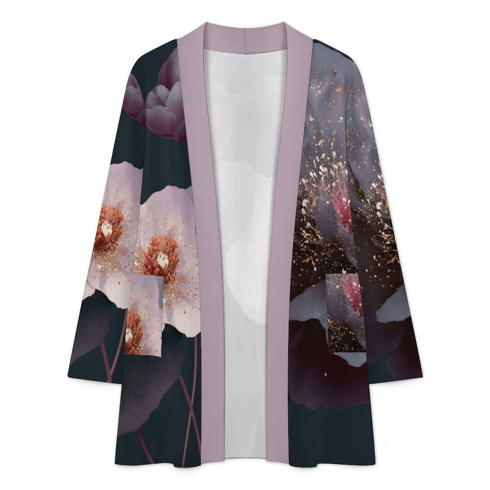180gsm Women's Long Sleeve Cardigan With Pockets(All-Over Printing) lavender color floral