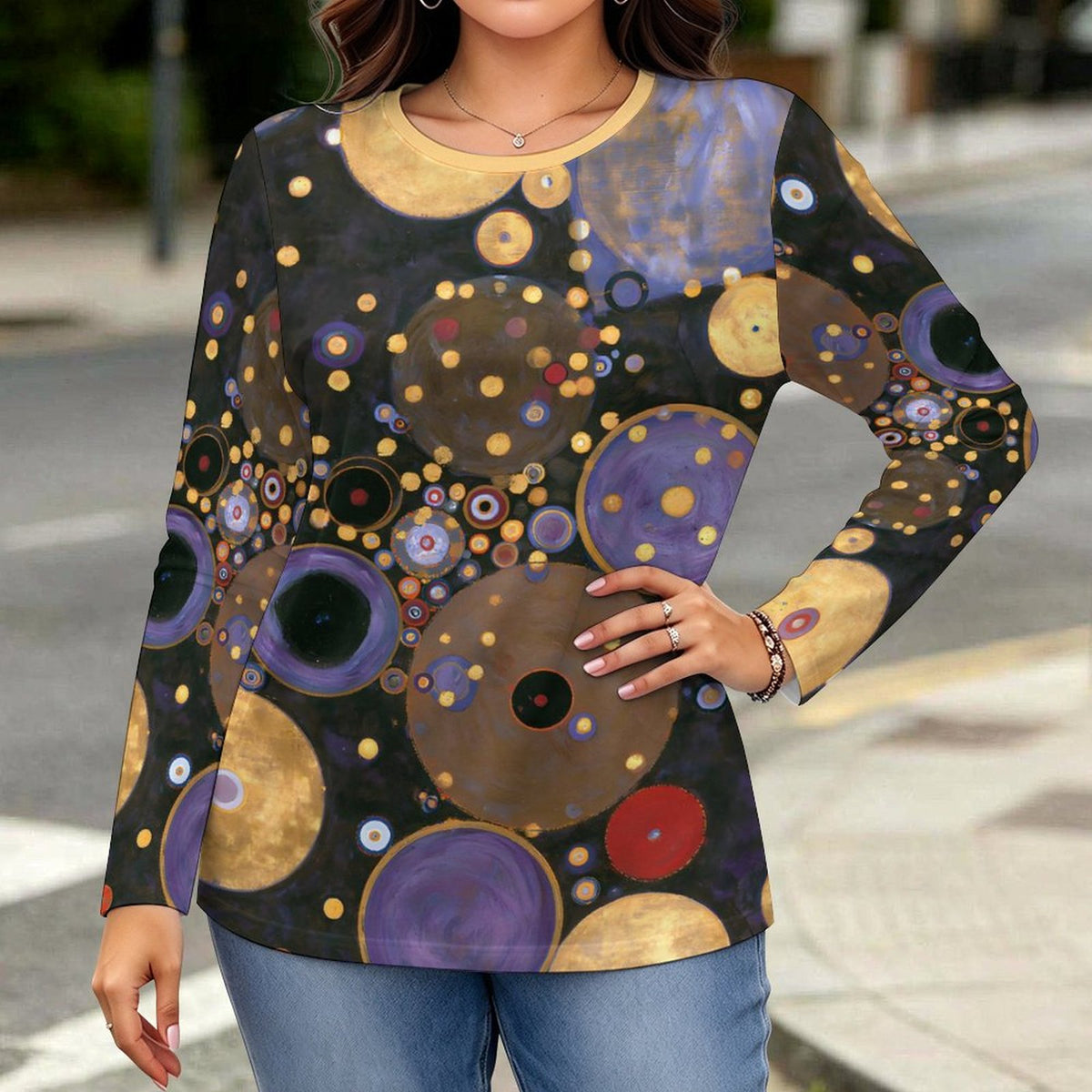 180gsm Crew Neck Long Sleeve T-Shirt(All-Over Printing) circles!
