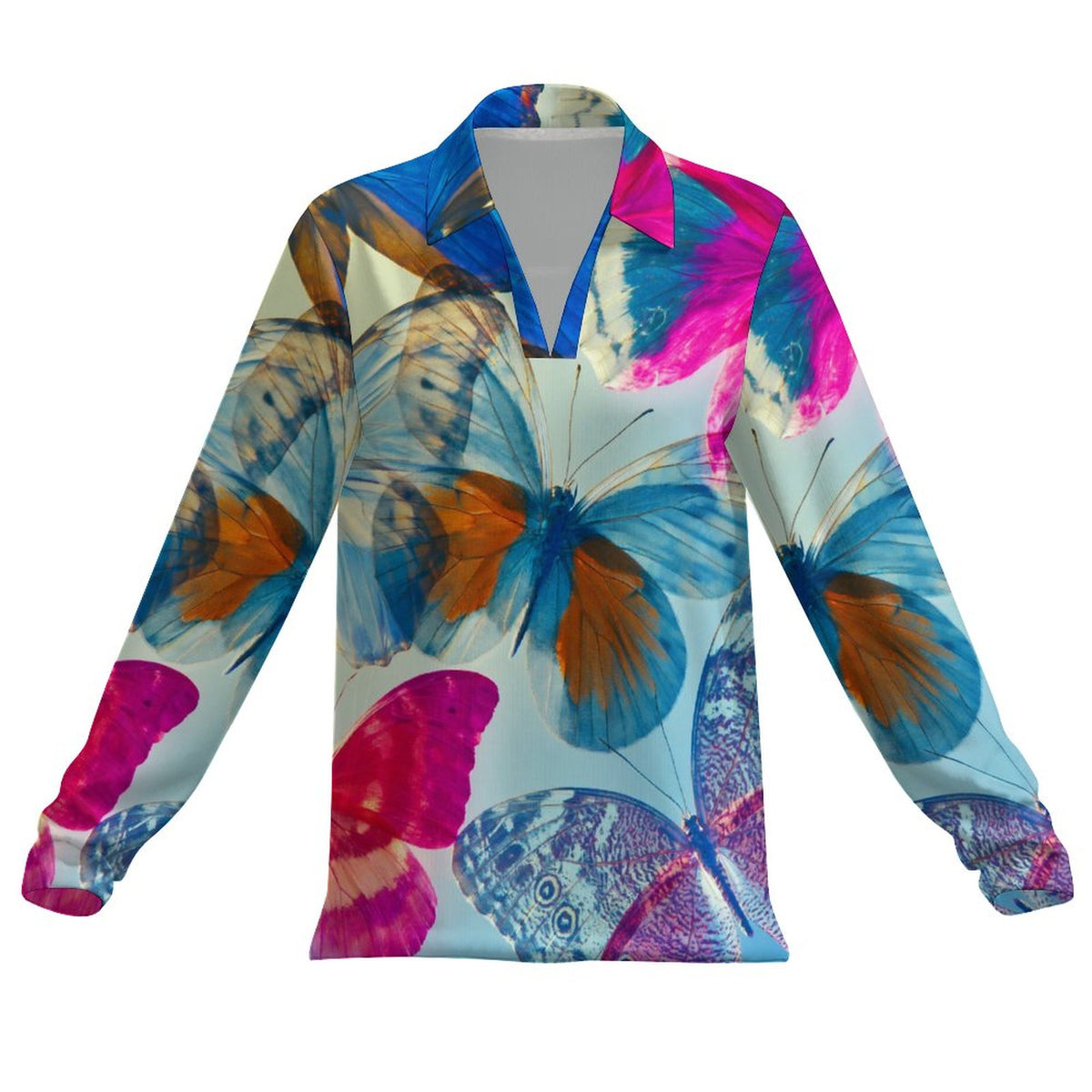 Pink and Blue Butterfly V Neck