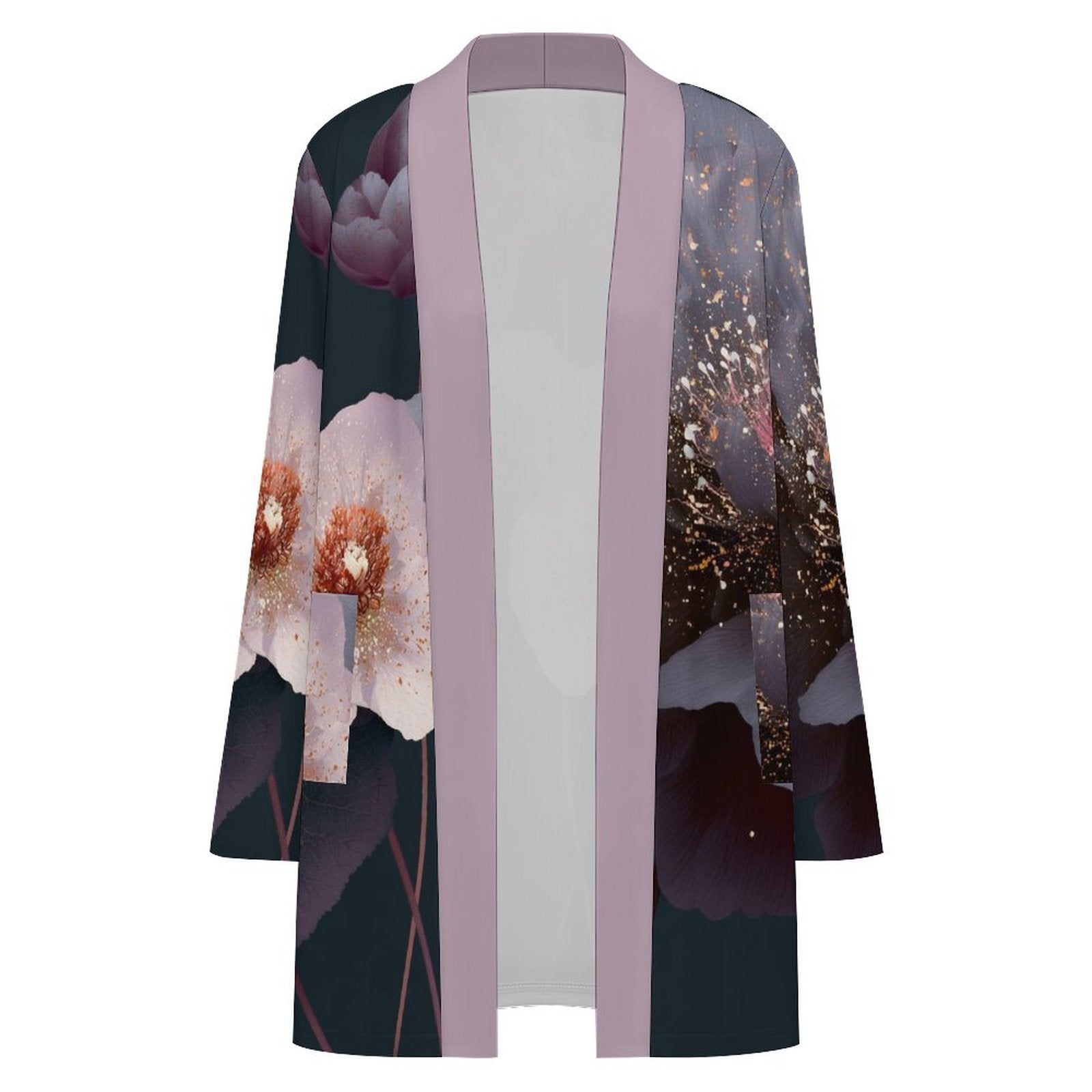 180gsm Women's Long Sleeve Cardigan With Pockets(All-Over Printing) lavender color floral