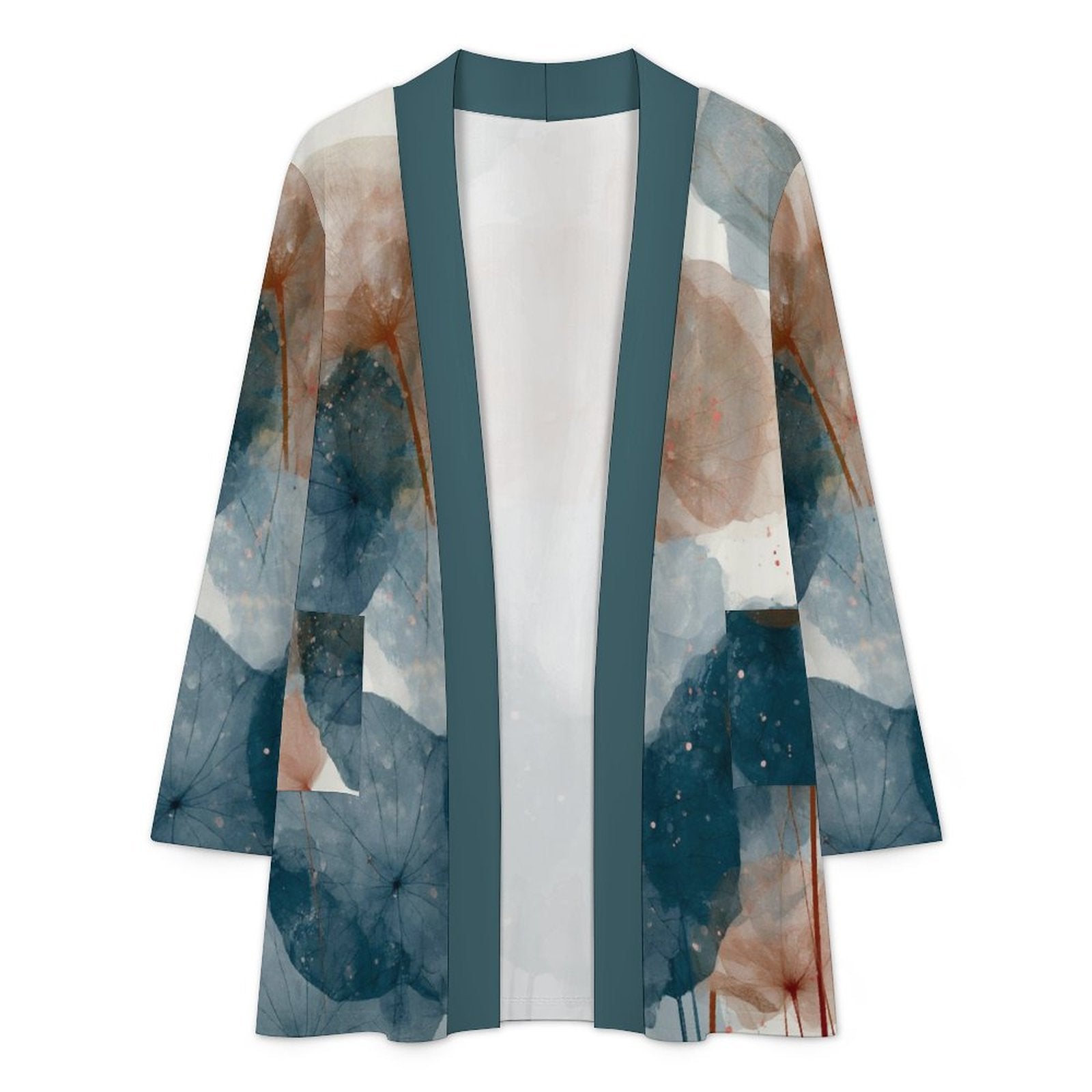 180gsm Women's Long Sleeve Cardigan With Pockets(All-Over Printing)floral teal