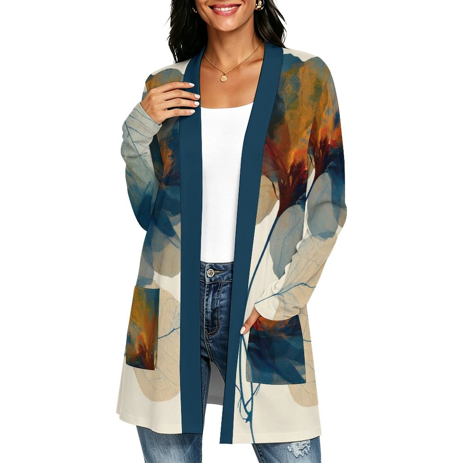 180gsm Women's Long Sleeve Cardigan With Pockets(All-Over Printing) floral blue and orange