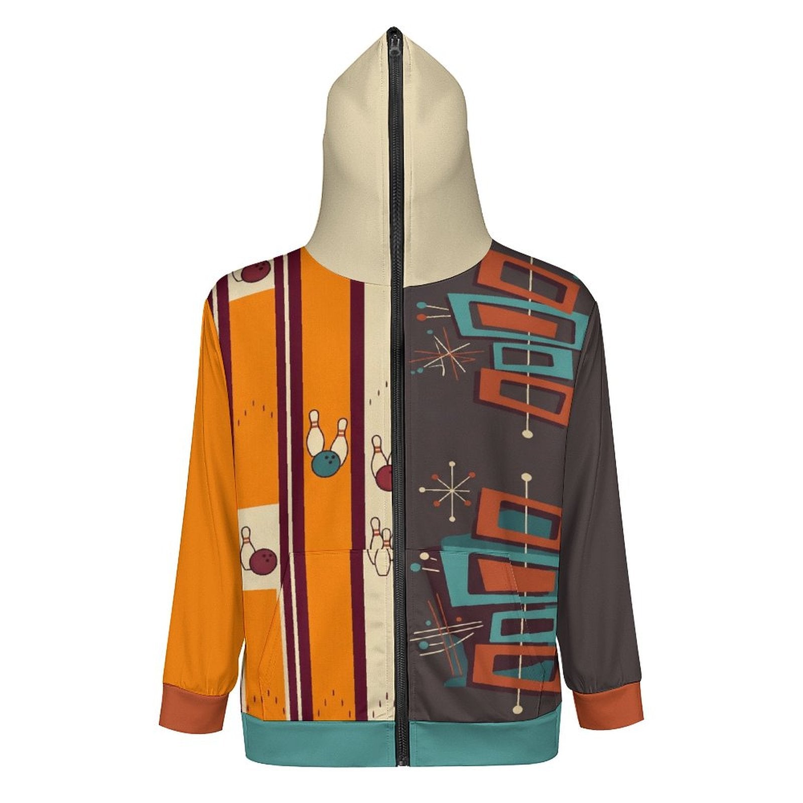 280gsm Full Zip Hoodie For Men(All-Over Printing) retro bowling pattern brown orange rust teal