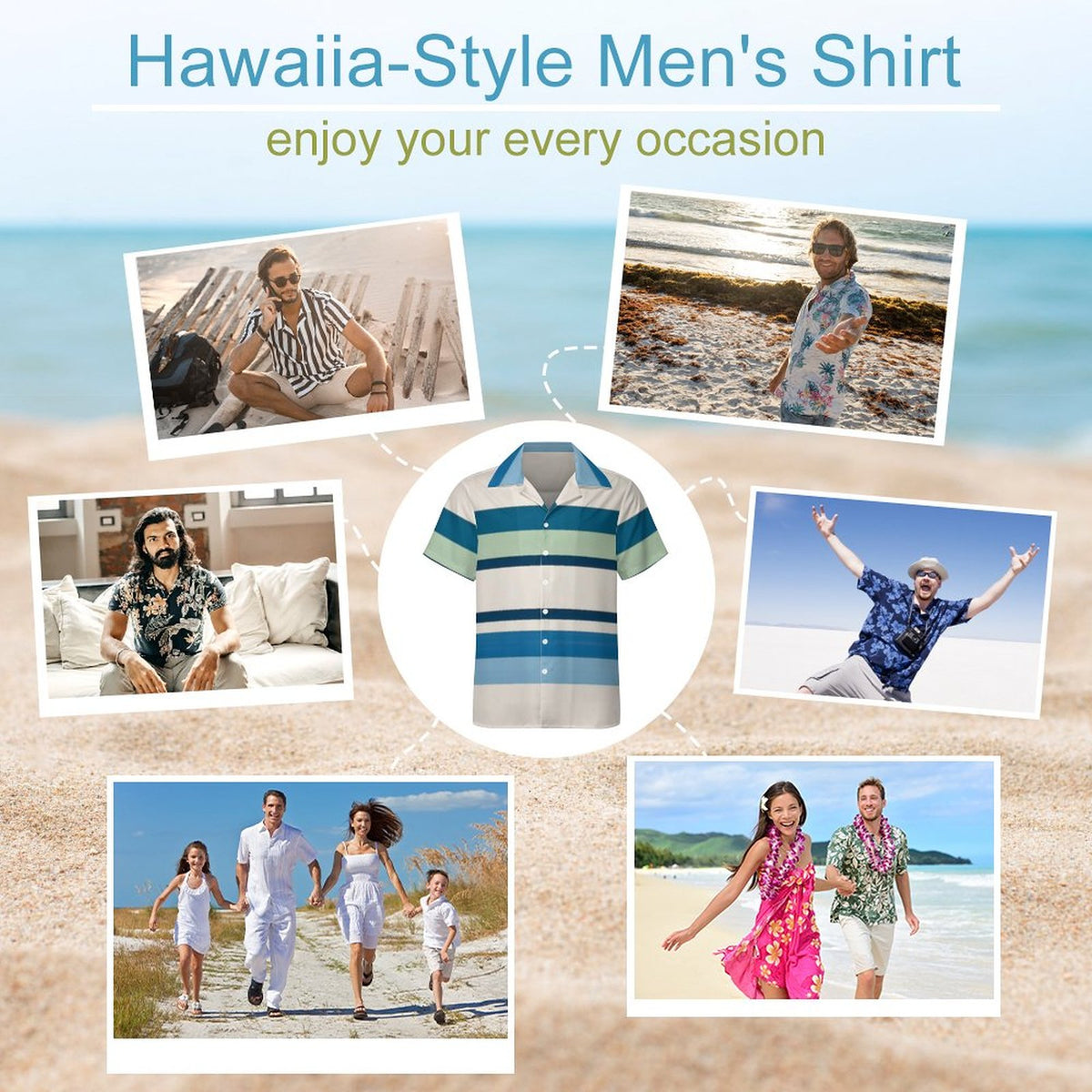 Men's Short Sleeve Hawaiian Print Shirt with Cuban Collar(All-Over Printing)lines blue green