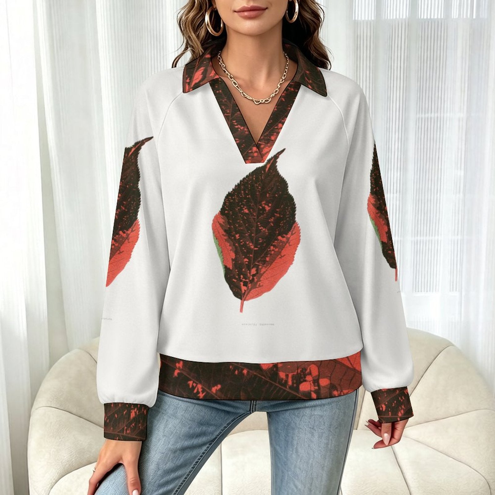 170gsm Casual Long Sleeve V-Neck Sweatshirt(All-Over Printing) Orange leaf pattern
