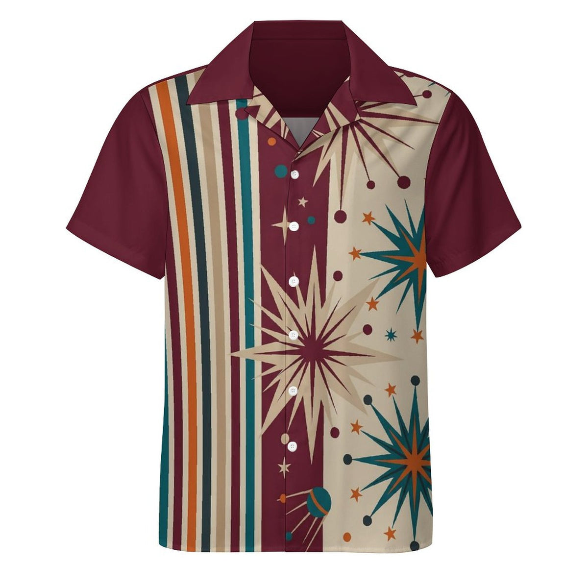 Short Sleeve Cuban Collar Shirt(All-Over Printing) bowling retro starburst lines burgundy beige teal orange