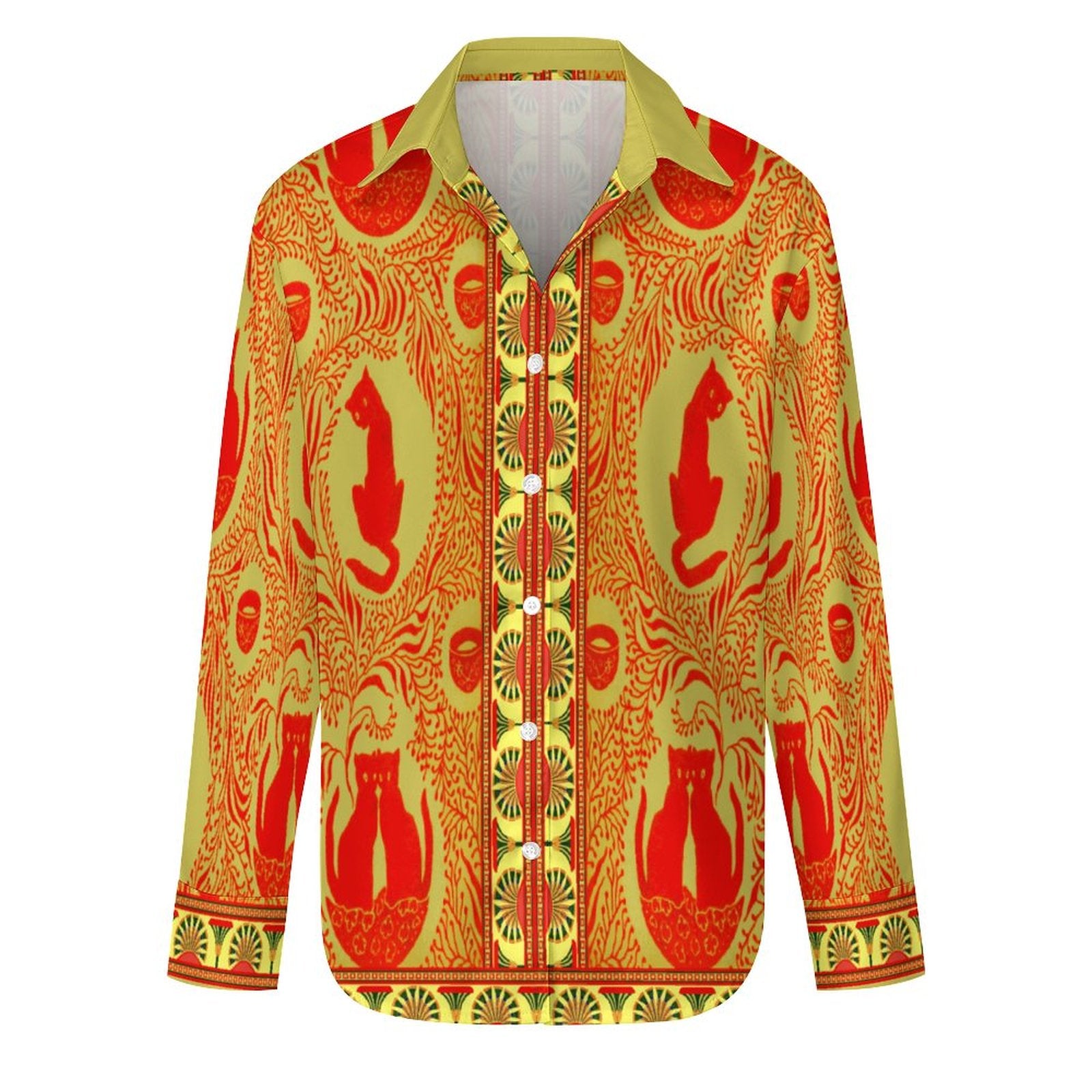 Women's Flower Blouse Long Sleeve(All-Over Printing) red yellow cat indian