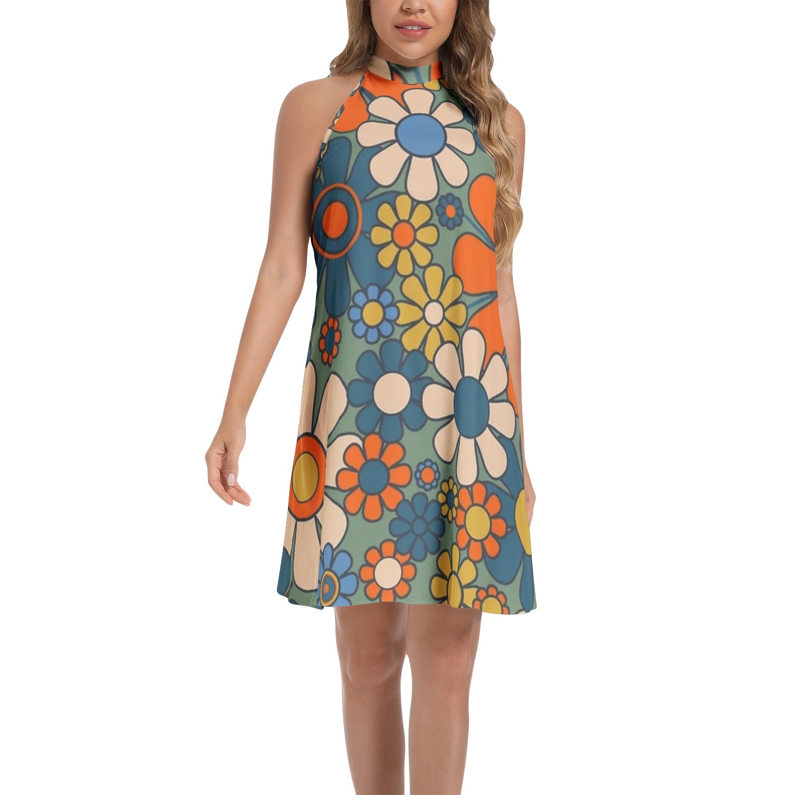 Tie Back Halter Neck Flared Dress