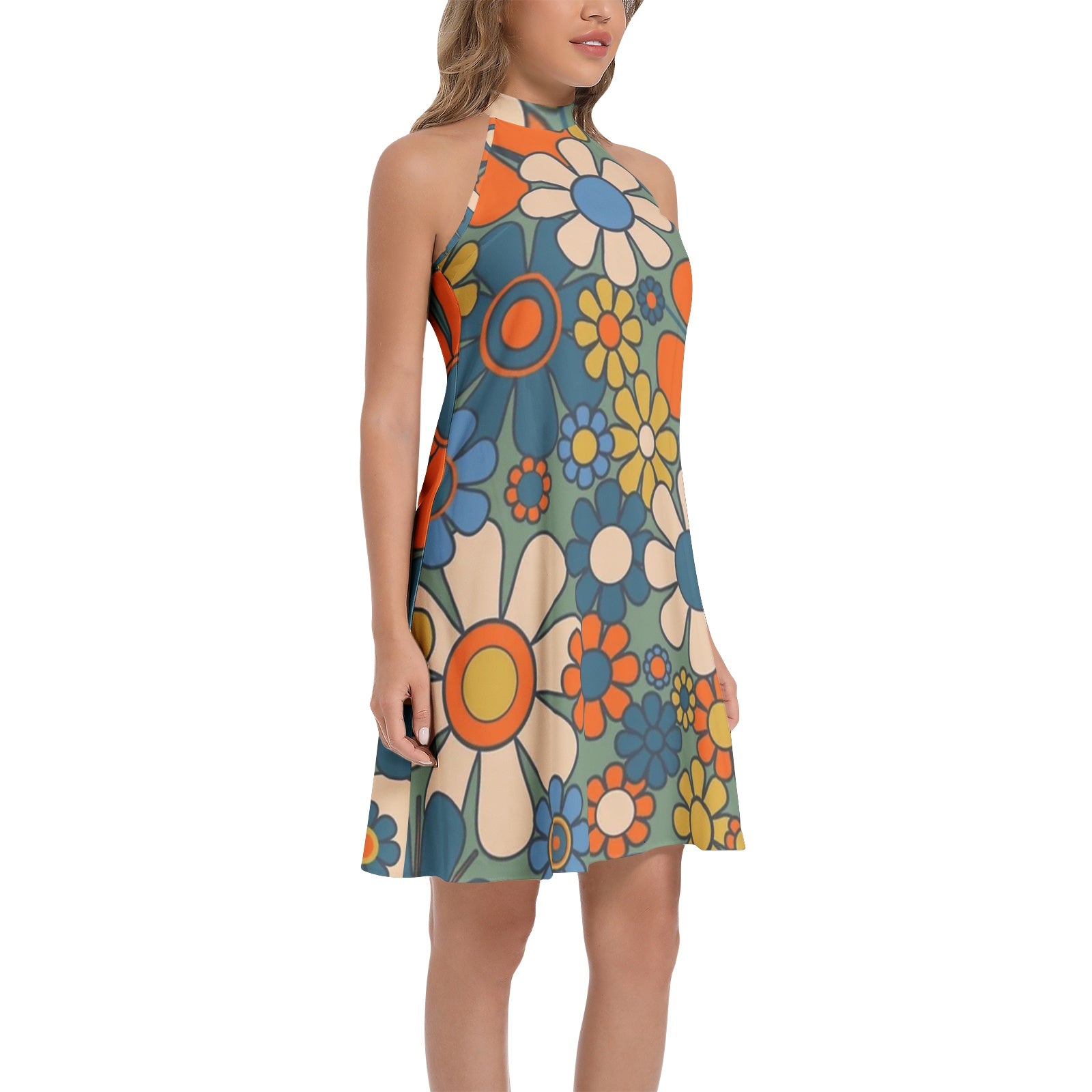 Tie Back Halter Neck Flared Dress