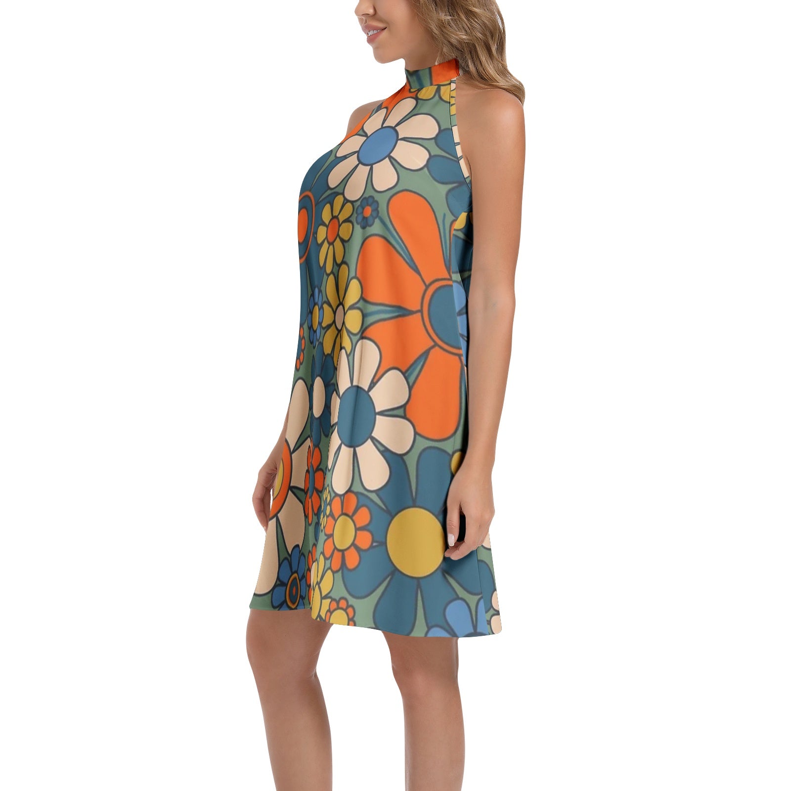 Tie Back Halter Neck Flared Dress