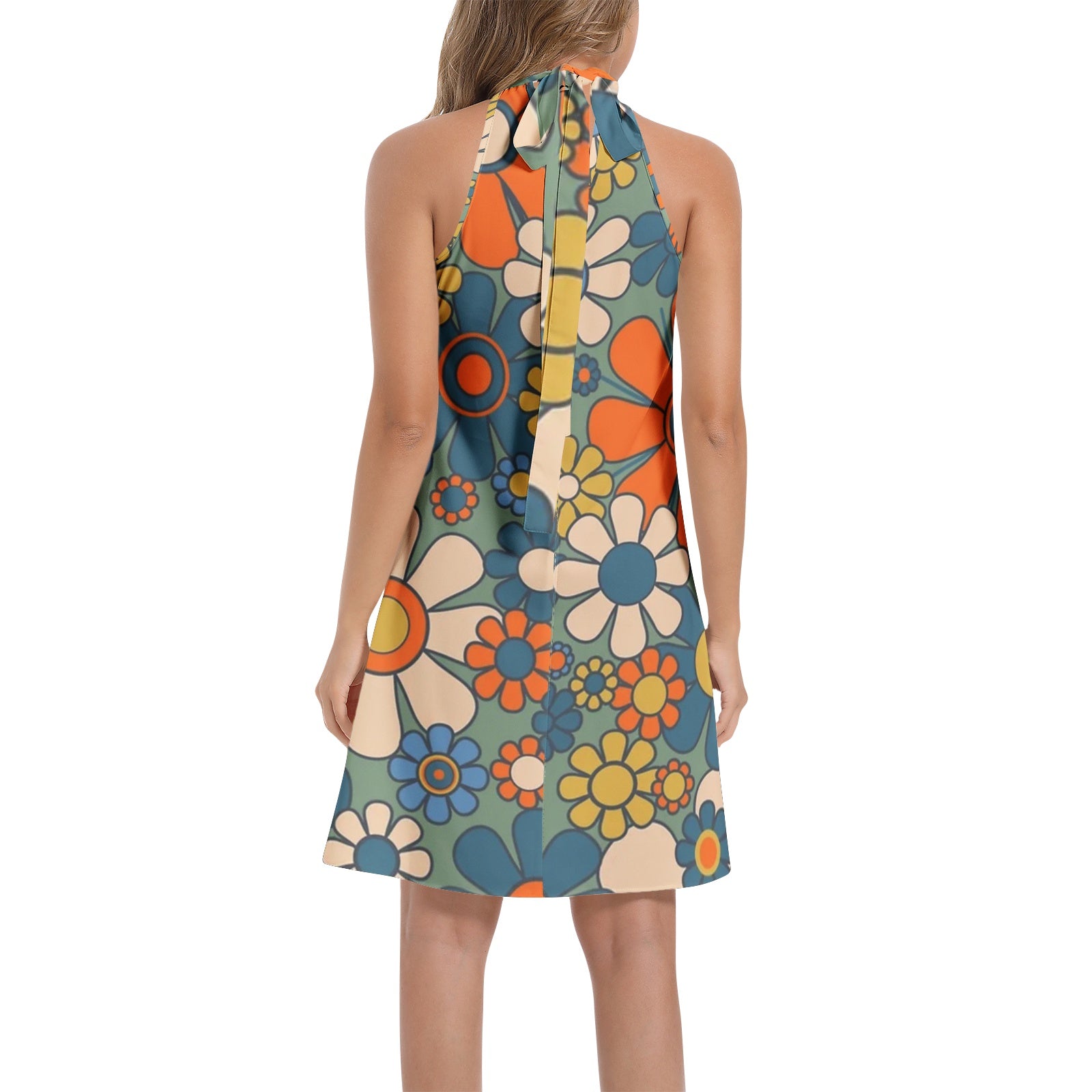 Tie Back Halter Neck Flared Dress
