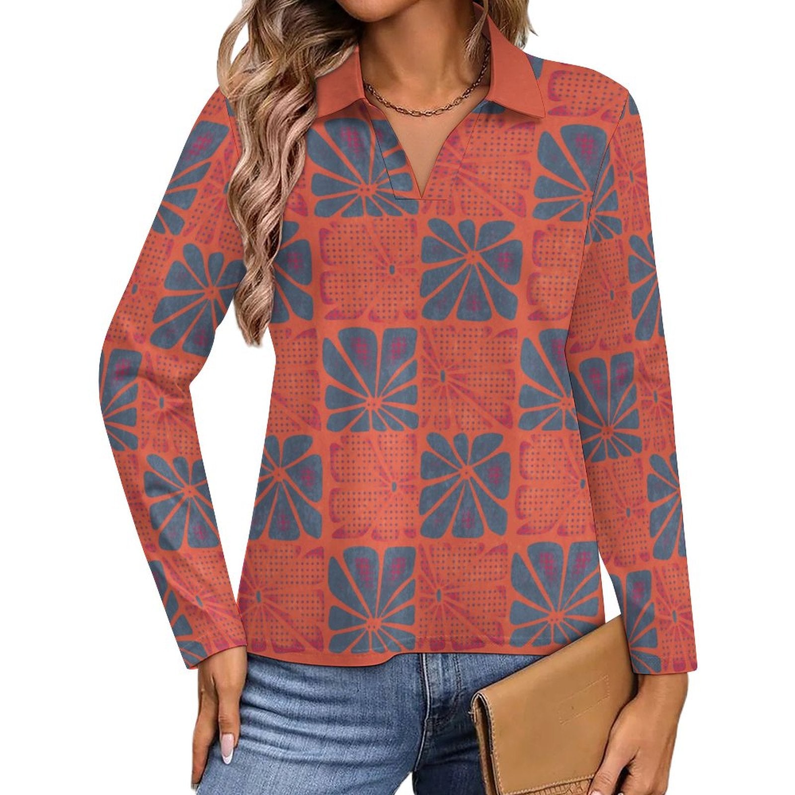UPF50+ 180gsm Women's Sunscreen Shirt(All-Over Printing)coral and teal pattern boho