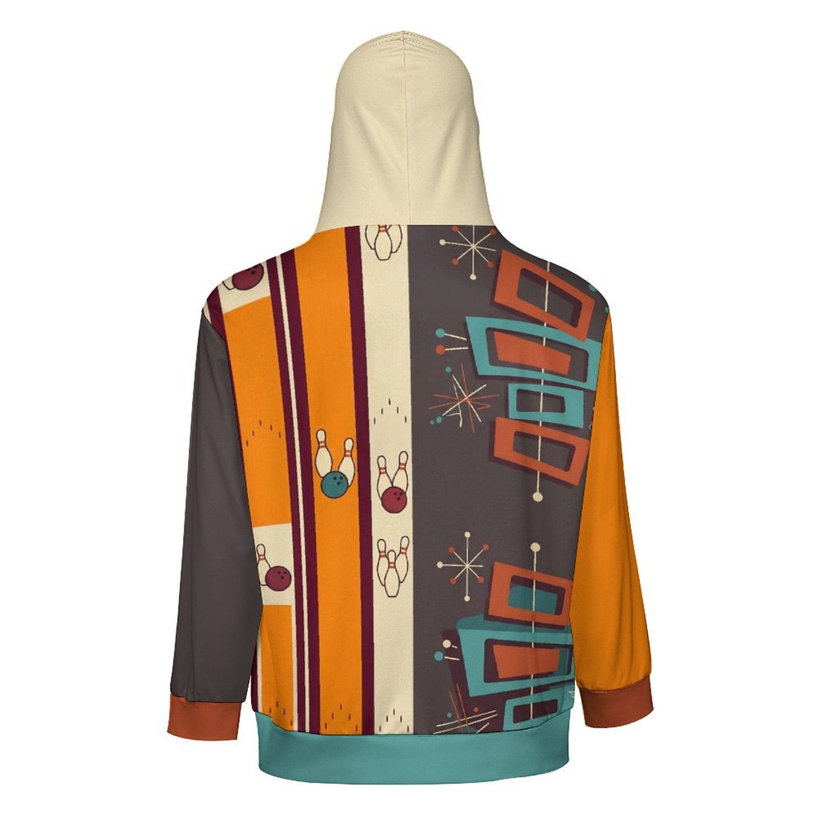 280gsm Full Zip Hoodie For Men(All-Over Printing) retro bowling pattern brown orange rust teal