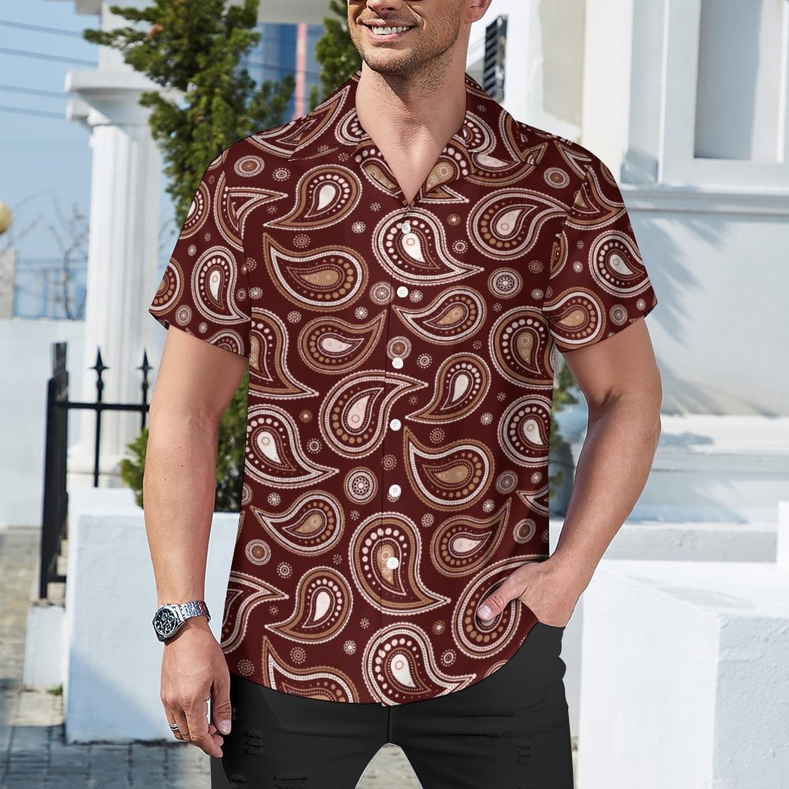 Short Sleeve Cuban Collar Shirt(All-Over Printing) brown paisley