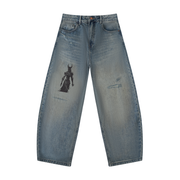 Men’s Distressed Barrel Leg Jeans Loose Fit Streetwear Denim