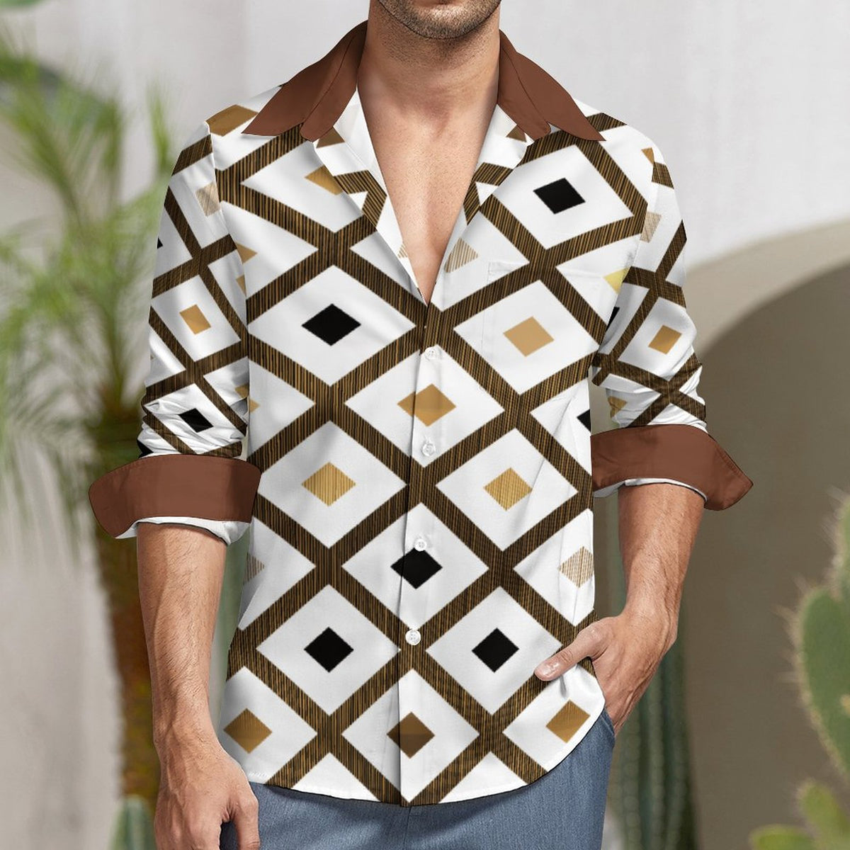 Faux Linen Men Long Sleeve Shirt with Pocket(All-Over Printing)