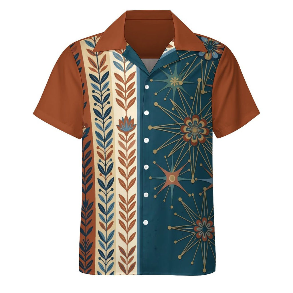 Short Sleeve Cuban Collar Shirt(All-Over Printing) teal beige and rust colored retro