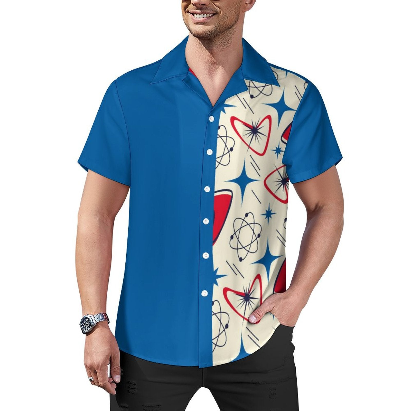 Short Sleeve Cuban Collar Shirt(All-Over Printing)retro starburst beige blue red