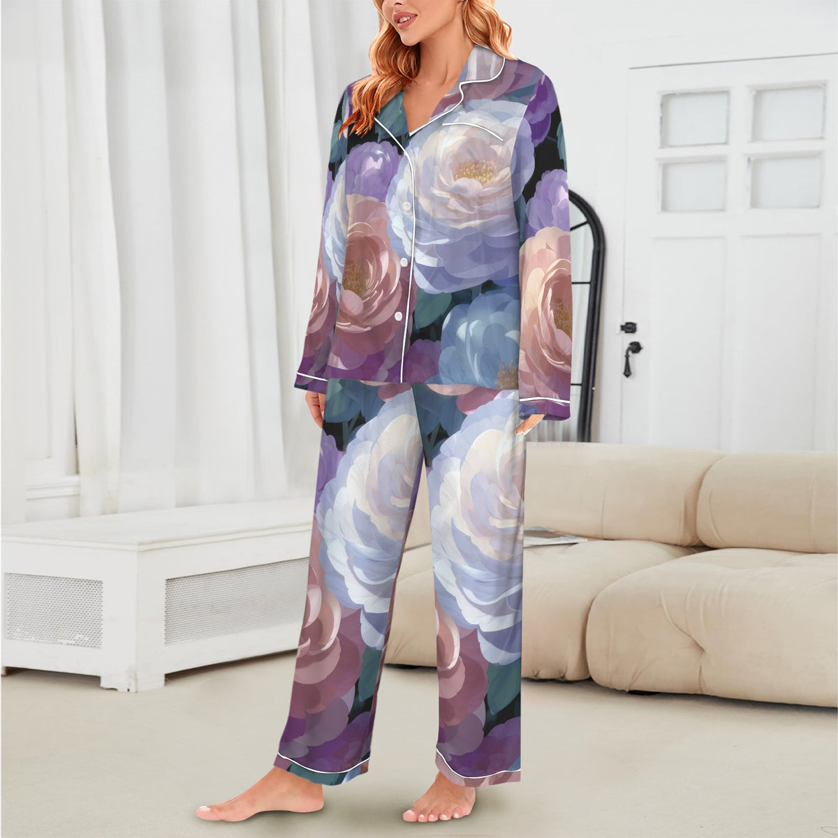 Women's Pastel Floral Spiral Satin Pajama Set