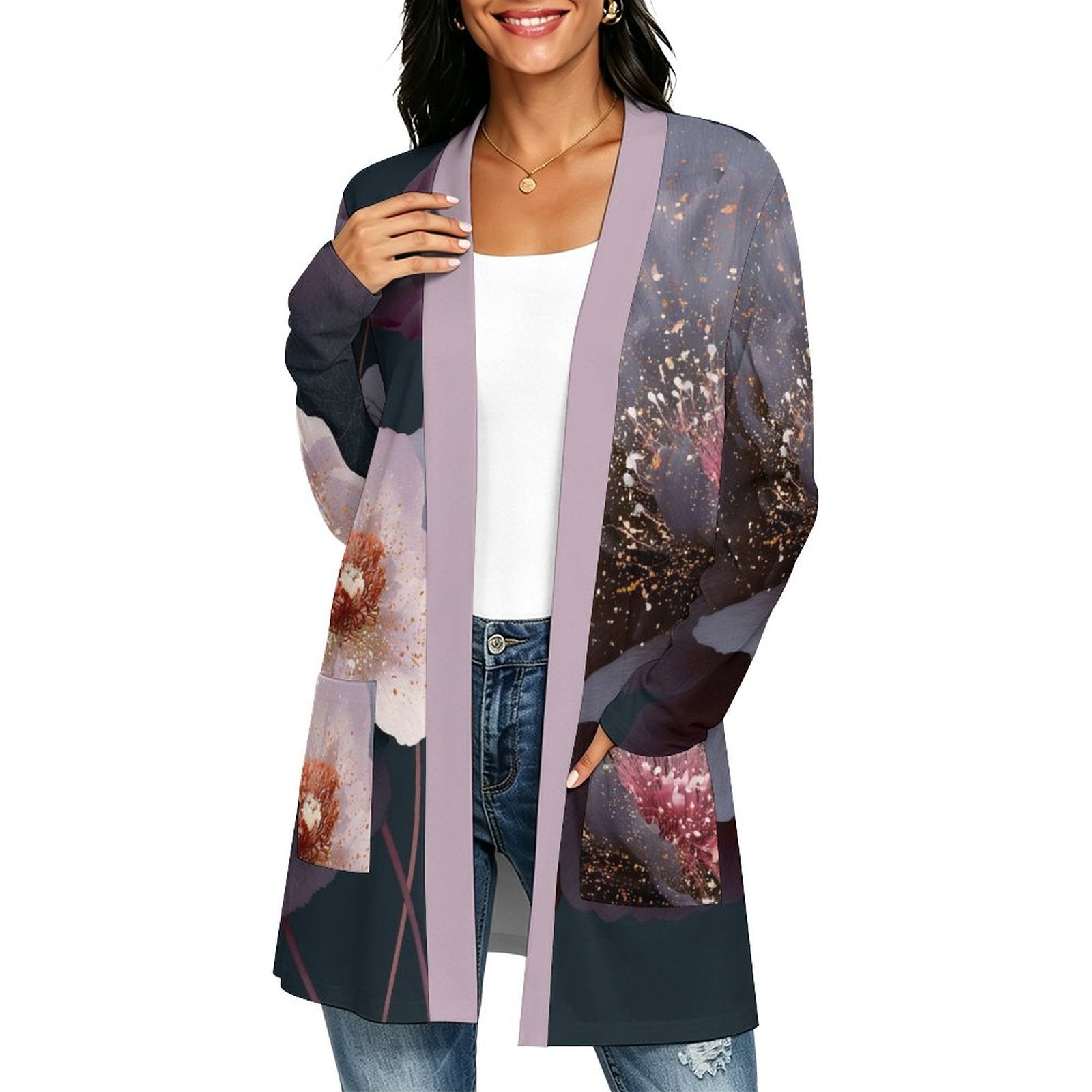 180gsm Women's Long Sleeve Cardigan With Pockets(All-Over Printing) lavender color floral