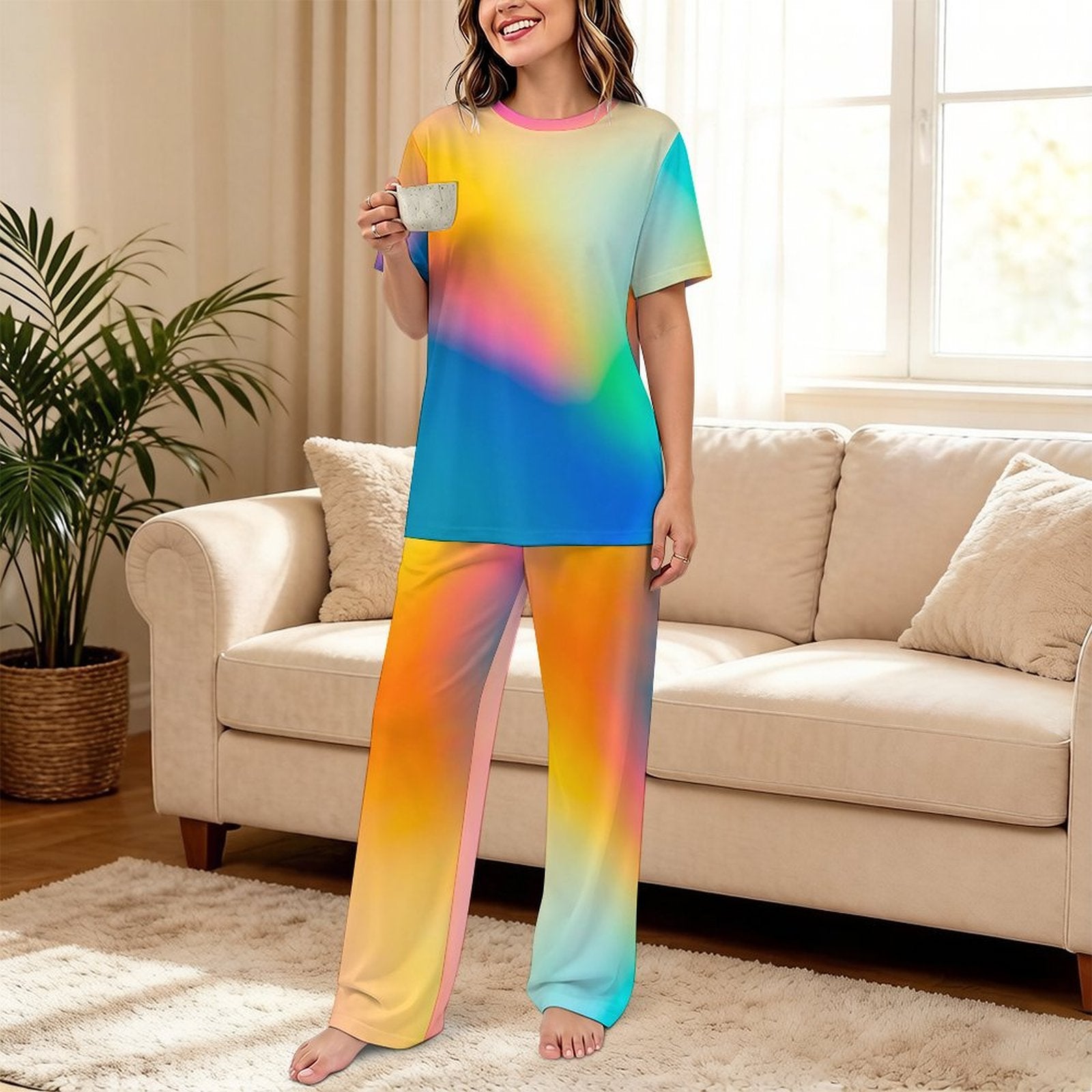 180gsm Short Sleeved Pajama Set(All-Over Printing) retro color swirl