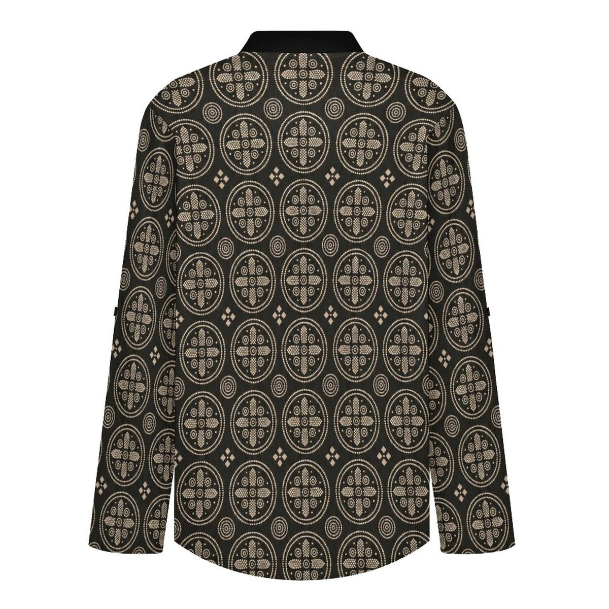 A long-sleeve button-up shirt shown from the back, featuring an all-over repeating circular medallion pattern in beige and brown on a black background.