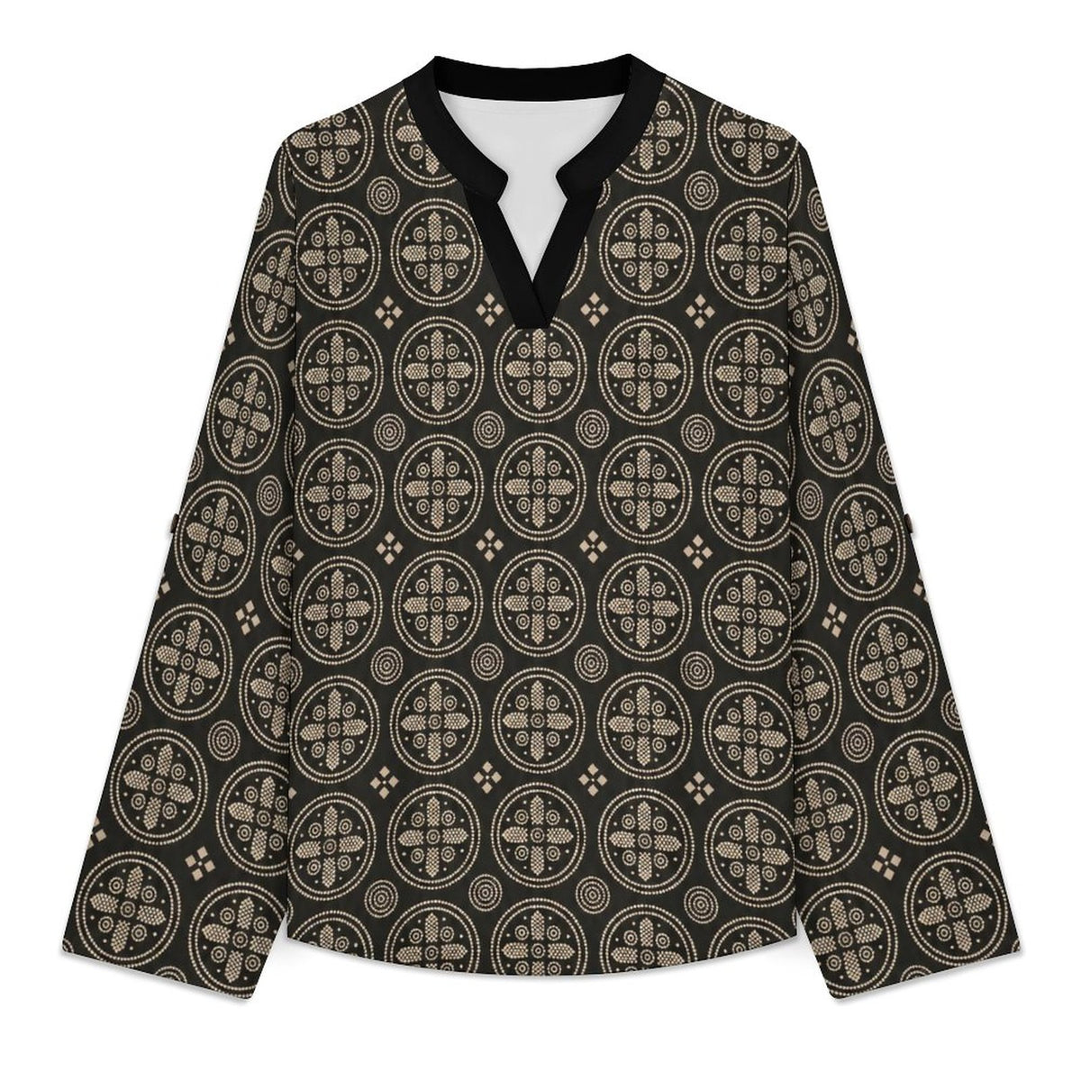 A long-sleeve henley-style top with a black base and an all-over beige geometric medallion pattern, featuring a split V-neckline with black trim.