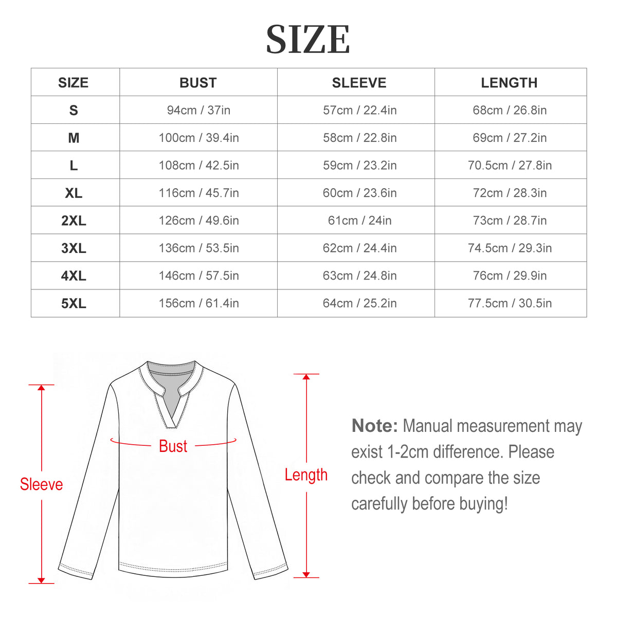 Size chart and measurement guide for a long-sleeve top, showing a size table from S to 5XL with bust, sleeve, and length measurements, plus a line drawing of the garment with labeled measurements.