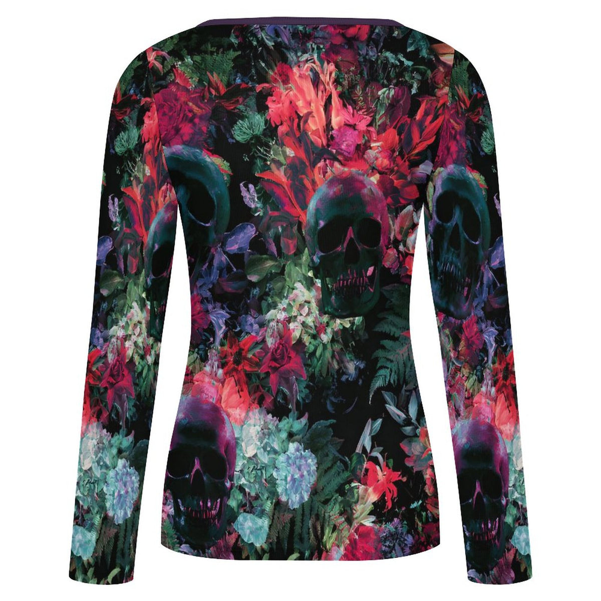 A long-sleeve crewneck top featuring a dark, gothic floral and skull print. The design showcases black skulls surrounded by vibrant red, pink, purple, and green flowers on a dark background.
