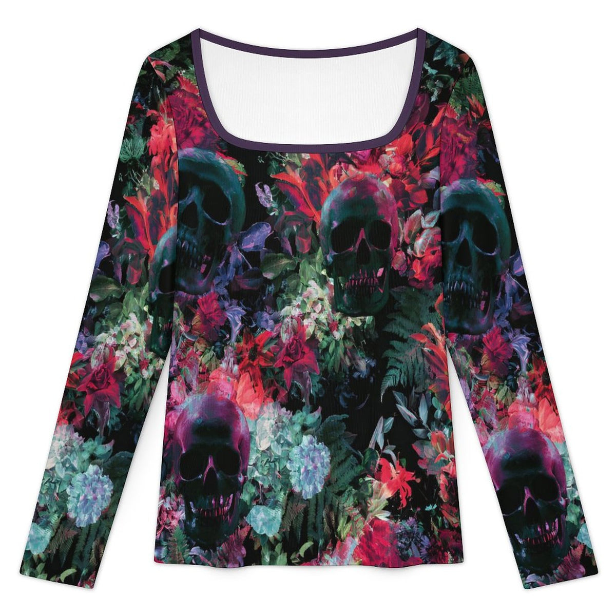 A long-sleeve scoop-neck top featuring an all-over gothic skull and floral print on a black background, with a contrasting dark purple trim around the scoop neckline.