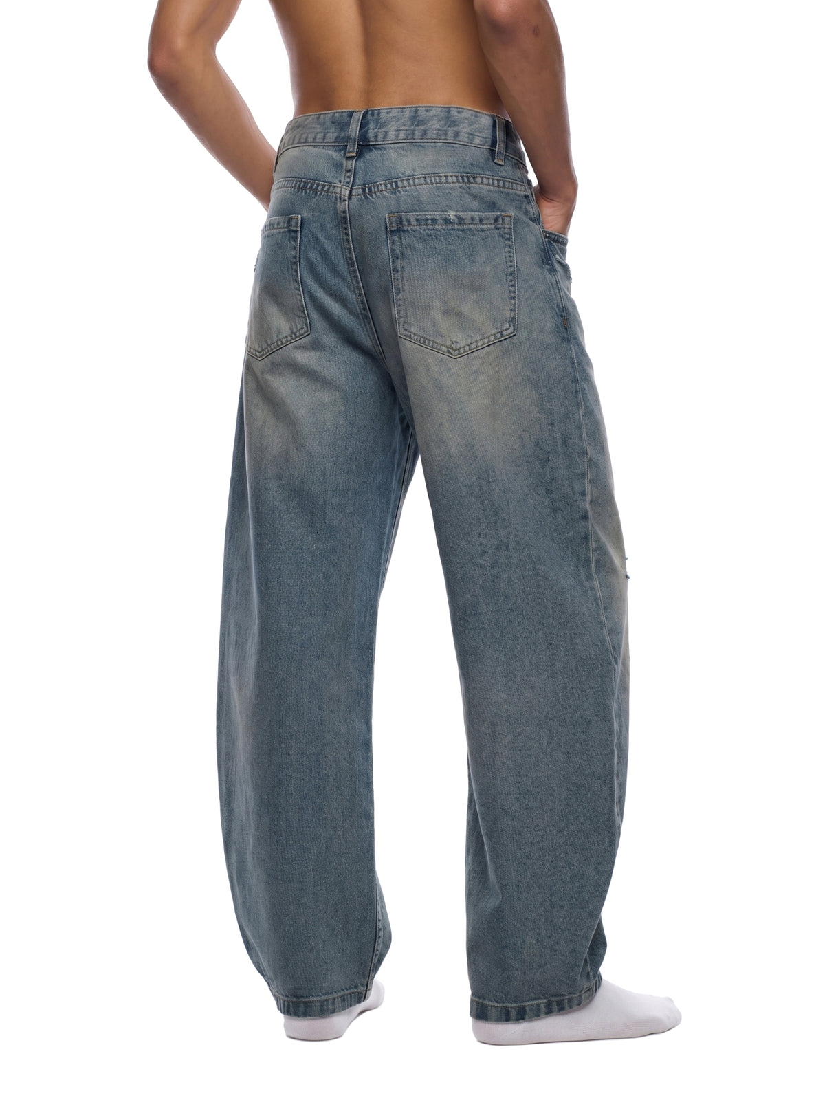 Men’s Distressed Barrel Leg Jeans Loose Fit Washed Denim