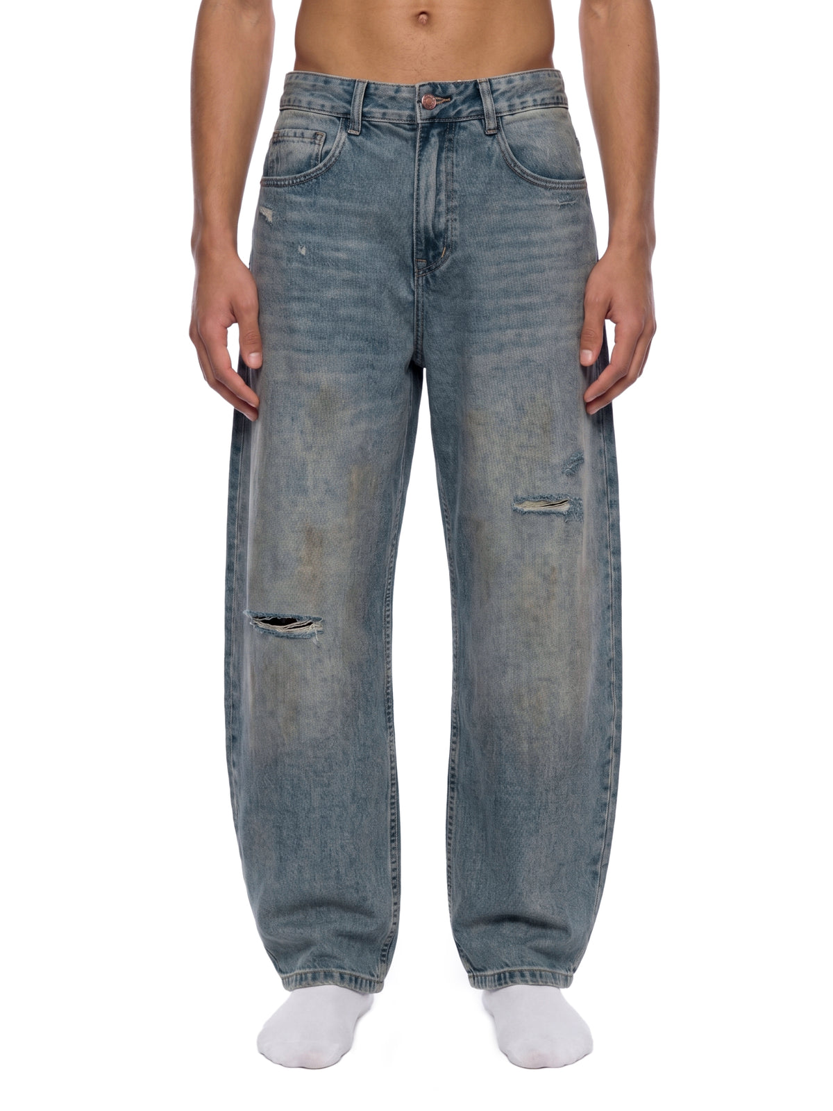 Men’s Distressed Barrel Leg Jeans Loose Fit Washed Denim