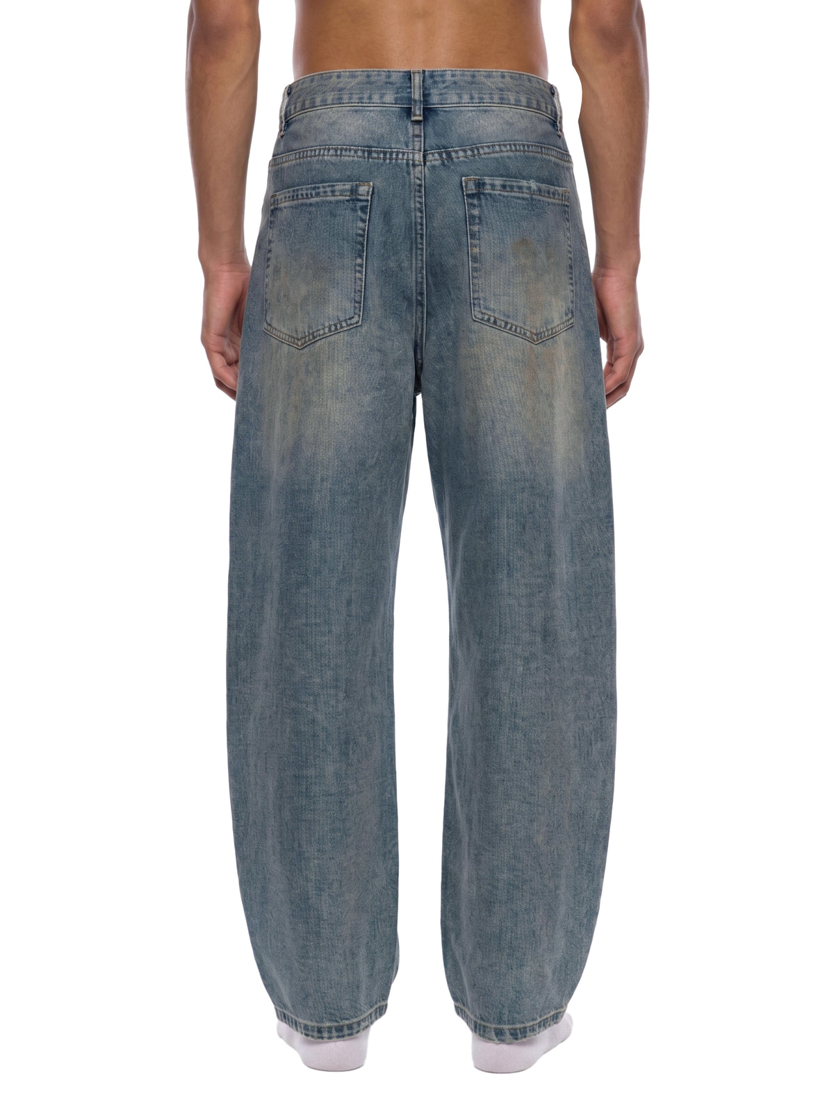 Men’s Distressed Barrel Leg Jeans Loose Fit Washed Denim