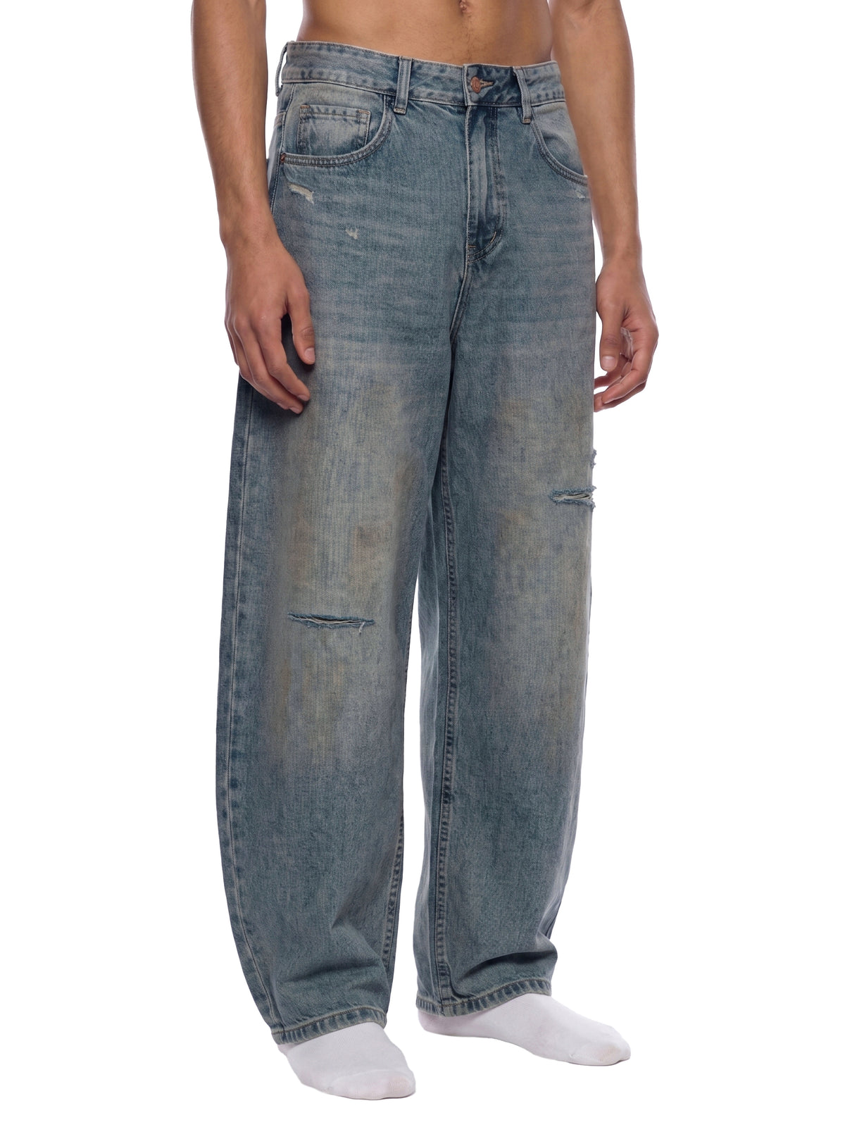 Men’s Distressed Barrel Leg Jeans Loose Fit Washed Denim