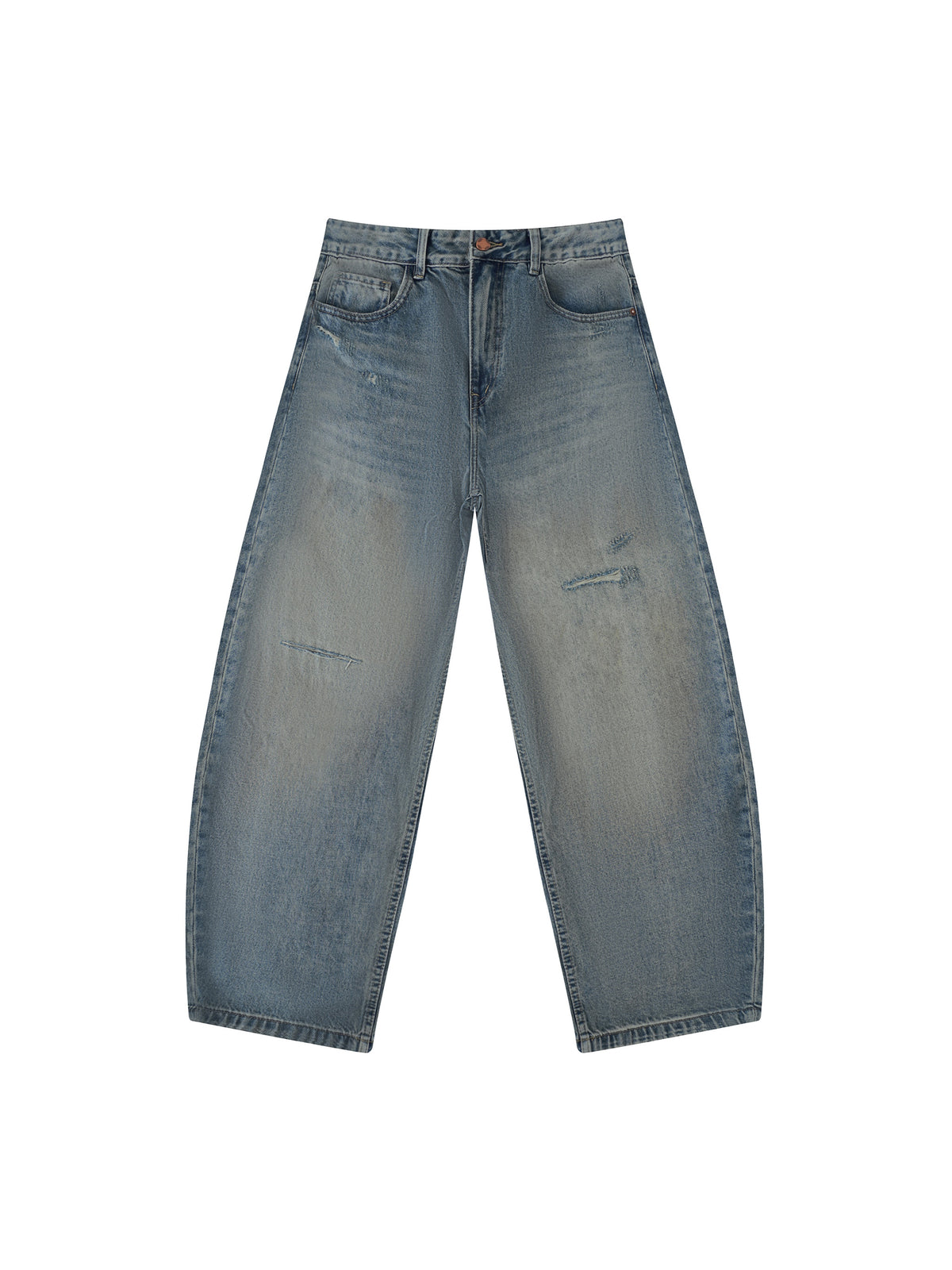 Men’s Distressed Barrel Leg Jeans Loose Fit Washed Denim