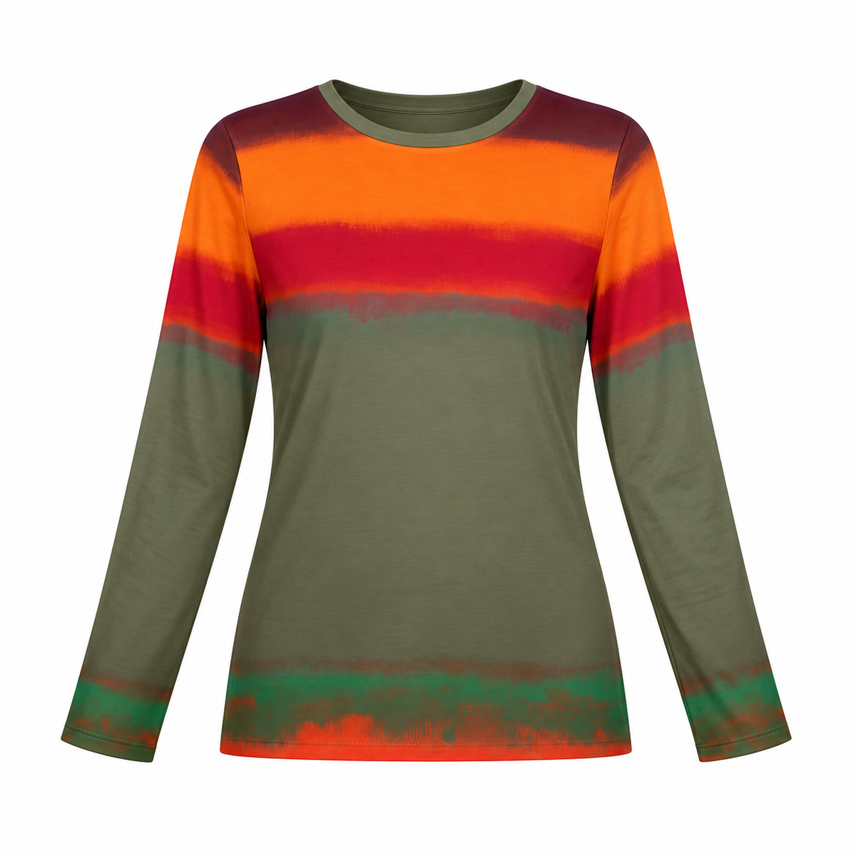 Olive and Orange Stripe women's long-sleeve shirt, front view without model