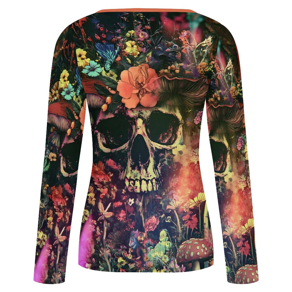A long-sleeve crewneck top featuring a vibrant, all-over psychedelic print with a large skull, mushrooms, flowers, and butterflies on a white background.
