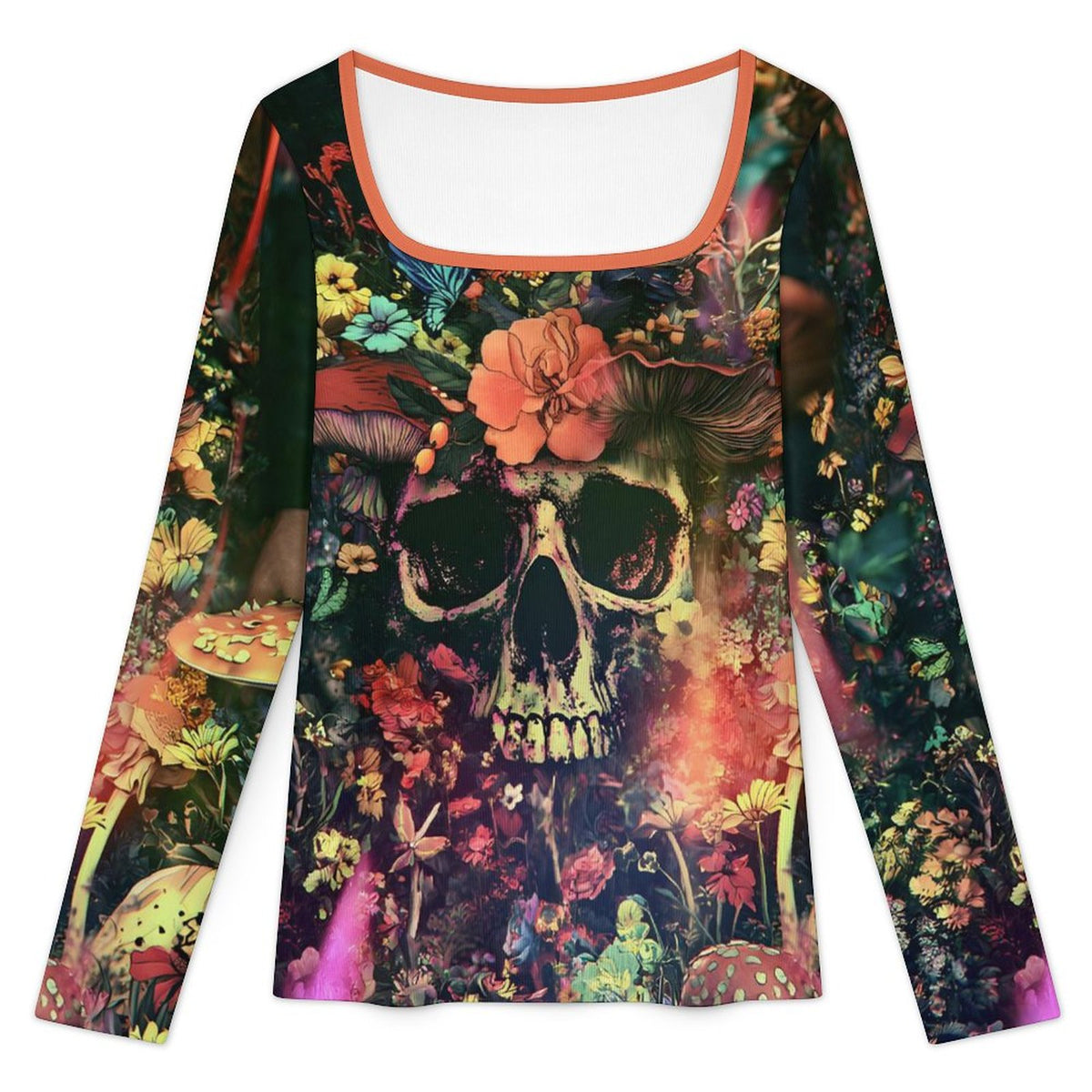 A long-sleeve scoop-neck top featuring a vibrant, detailed graphic print of a skull surrounded by flowers, mushrooms, and fairies on a dark background, with a contrasting orange collar trim.