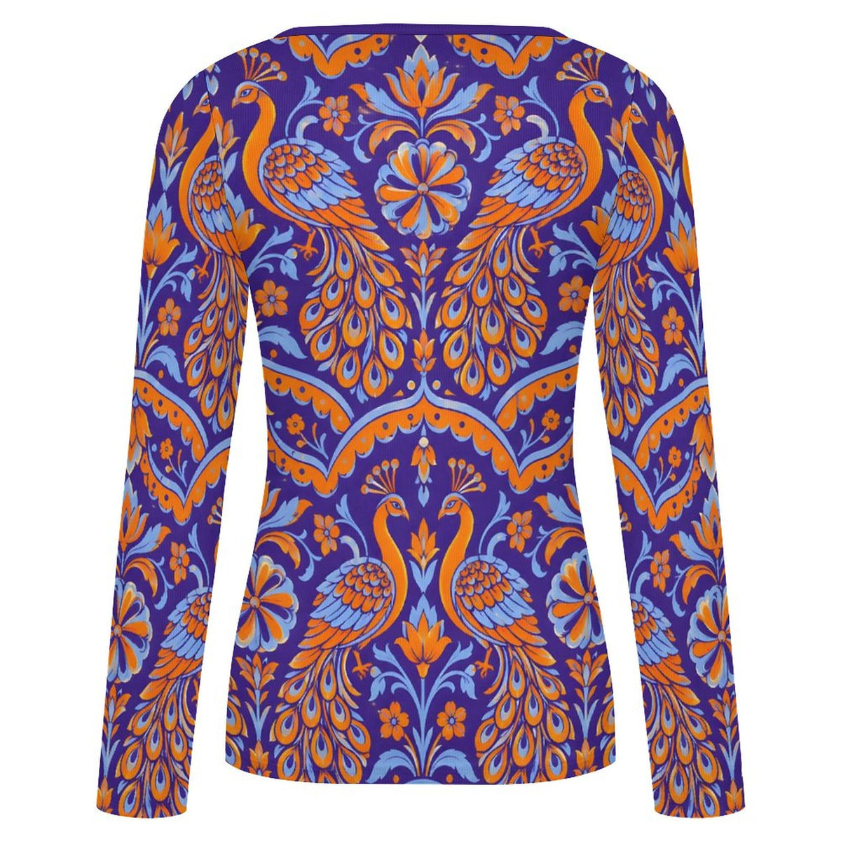 A long-sleeve women's top with a vibrant purple, orange, and light blue peacock pattern, shown against a plain white background.