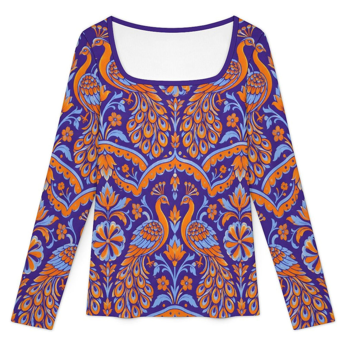 A long-sleeve scoop-neck top featuring a vibrant purple, orange, and light blue peacock pattern, displayed flat against a solid white background.