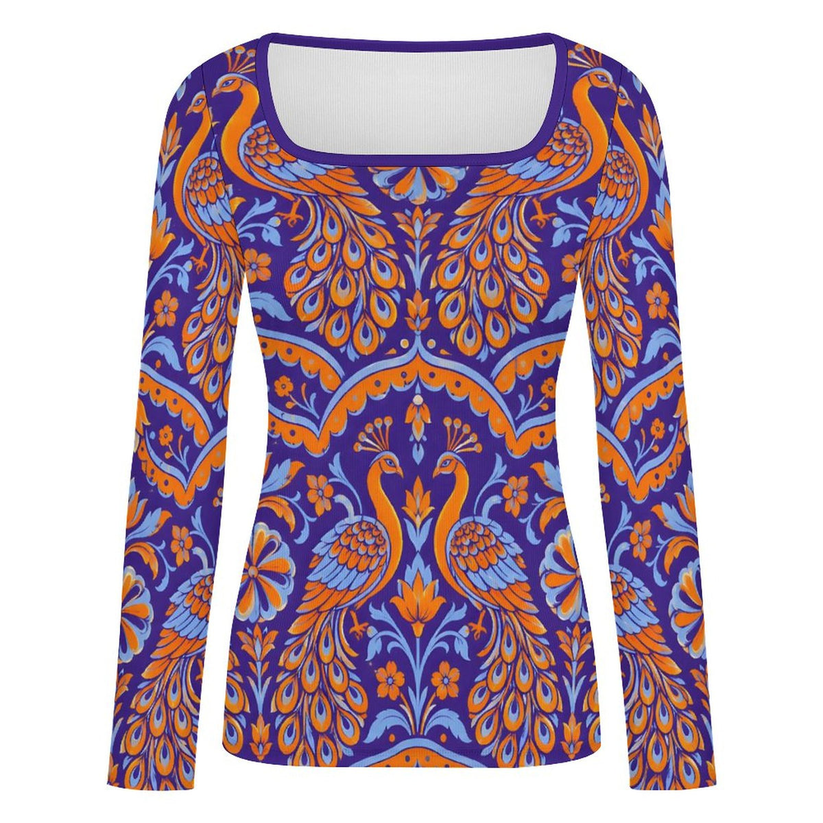 A women's long-sleeve top with a square neckline, featuring a vibrant purple, orange, and light blue peacock pattern on a plain white background.